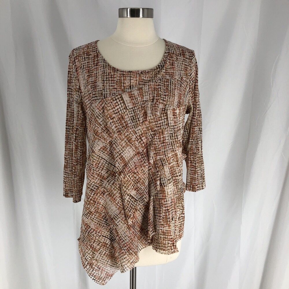 Chico's Blouse Women's 2 Peach Sheer Mesh Ruffle Round Neck 3/4 Sleeve Top